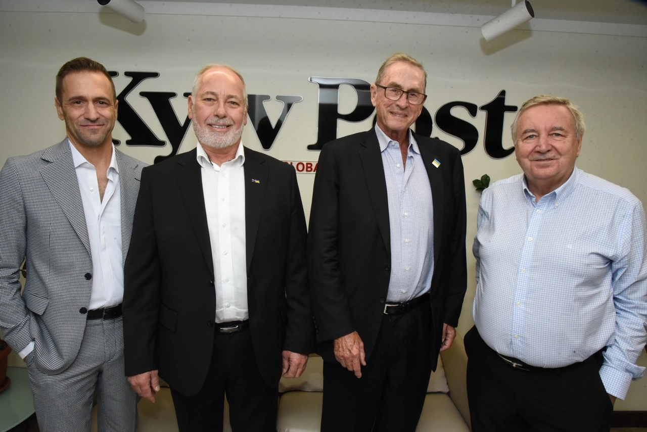 From left to right, Luc Chenier, Kyiv Post CEO, Tenby Powell, New Zealand philanthropist and Ukraine supporter, Lord Ashcroft;  and, Bohdan Nahaylo, Chief Editor, Kyiv Post. Photo by Kyiv Post taken during Lord Ashcroft's visit to the Kyiv Post office on Sept. 13, 2024.